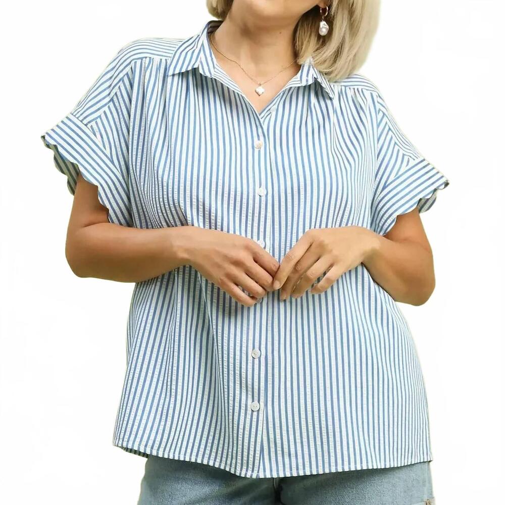 NEW UMGEE striped top with scallop sleeves in blue